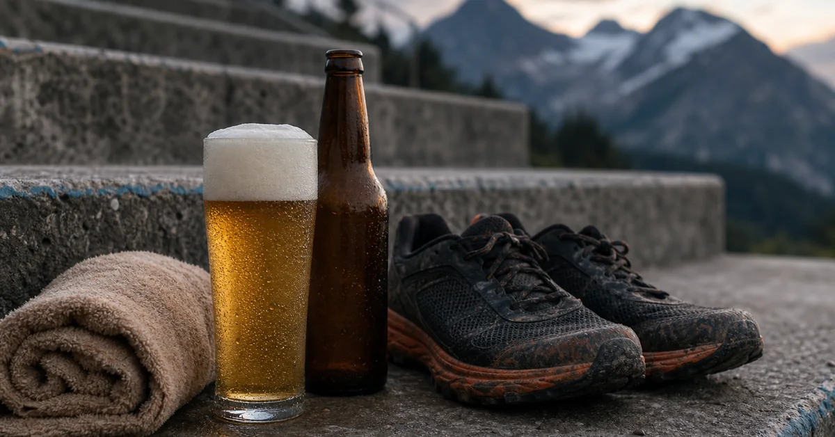 Alkoholfreies Bier neben verschwitzten Laufschuhen nach dem Lauf