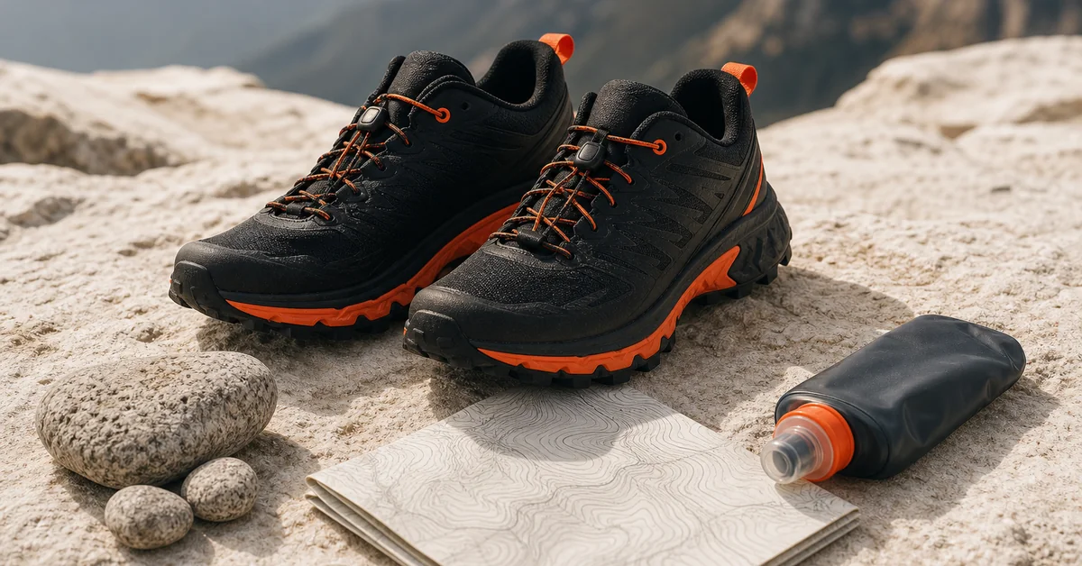 Trailrunnerin auf einem steilen Bergpfad in den Schweizer Alpen