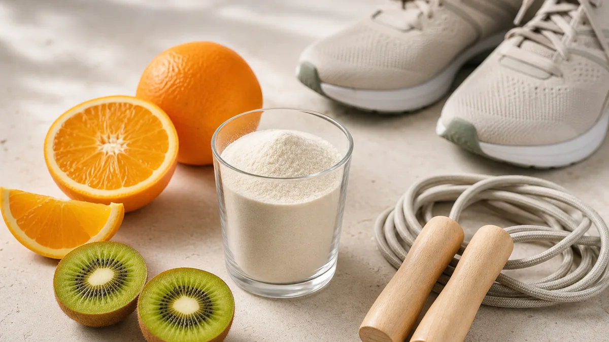 Kollagenpulver mit Vitamin-C-Frucht neben Laufschuhen