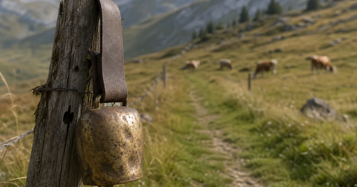Kühe auf einer Alpweide neben einem Wanderweg im Gebirge