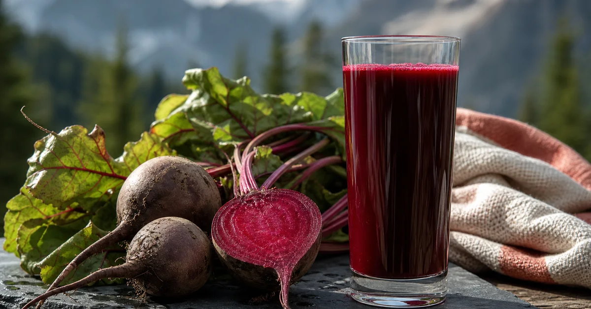 Glas frisch gepresster Randensaft neben Laufschuhen