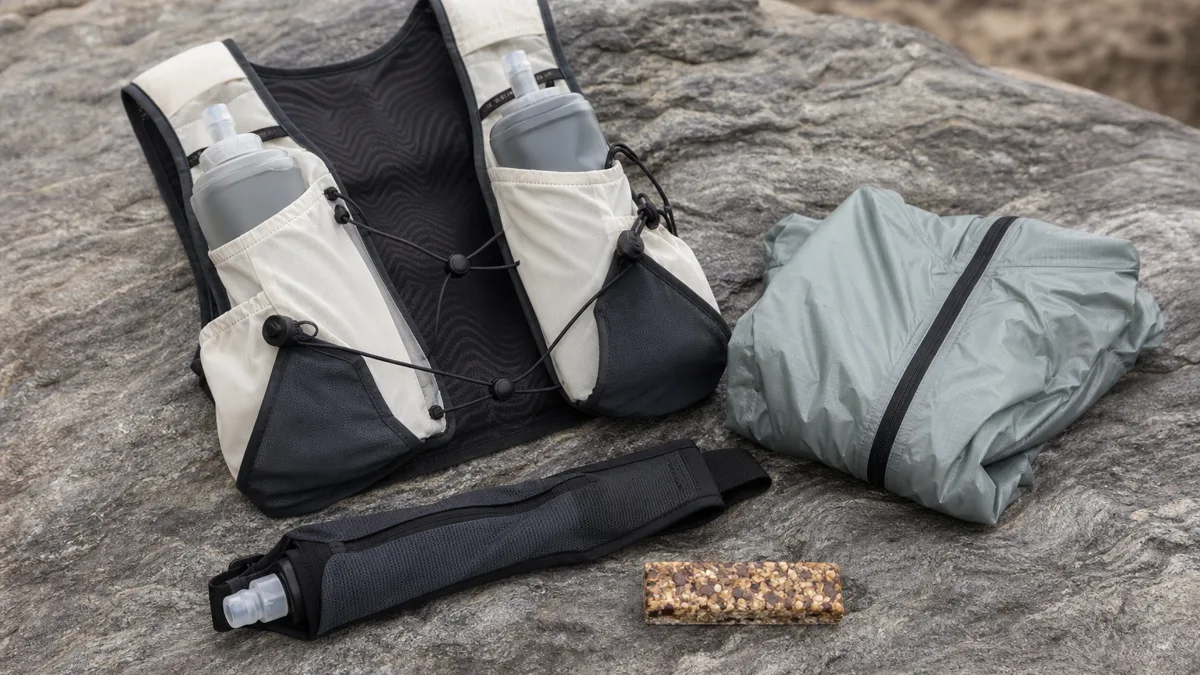 Trailrunner mit Trinkrucksack auf einem Bergpfad