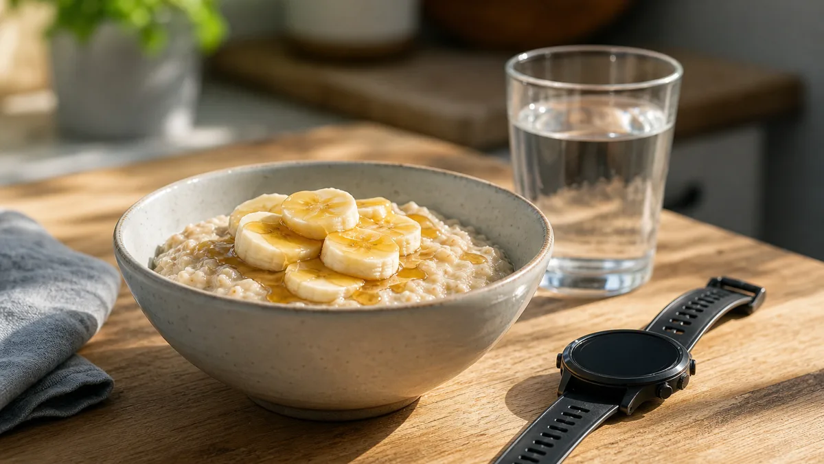 Ausgewogenes Frühstück mit Haferflocken und Banane vor dem Laufen