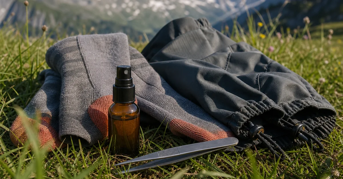 Läufer prüft nach einem Waldlauf die Beine auf Zecken